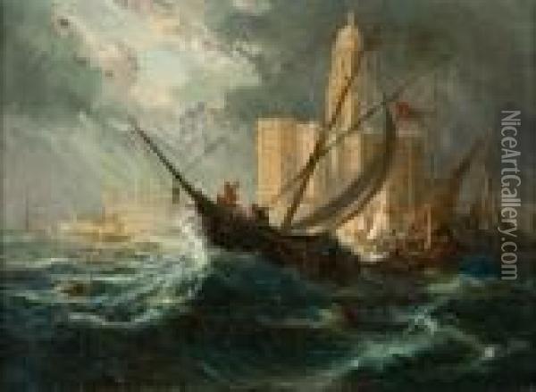 Shipping In Stormy Waters Off A Coastal City Oil Painting - Eugene Isabey