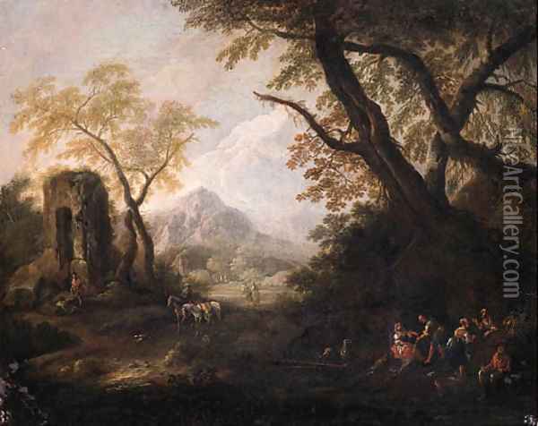 Gypsies on a river-bank in an Italianate landscape Oil Painting - Francesco Zuccarelli
