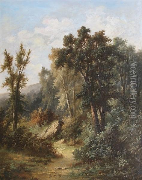 A Woodland Path; Woodland River Scene Oil Painting - Henry Bates Joel