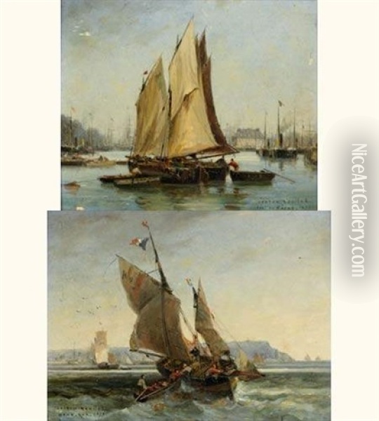Bateaux Devant Honfleur (+ Bateaux Dans Le Port Du Havre; Pair) Oil Painting - Gaston Marie Anatole Roullet