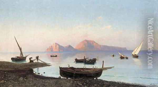 Fishing boats off the Naples coast, Capri beyond Oil Painting - Friedrich Nerly