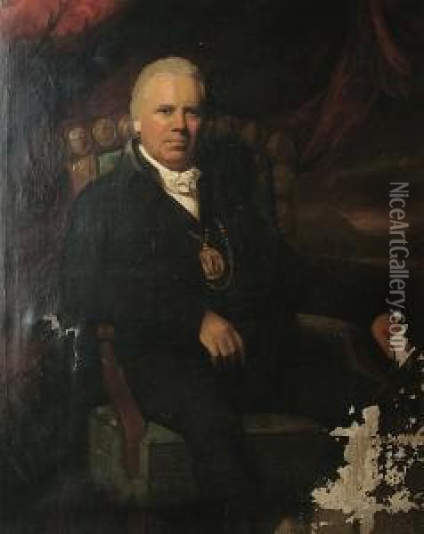 Portrait Of A Gentleman Seated, Wearing A Chain Of Office, Believed To Be William Rankin, Dean Of Guild, In Edinburgh, A Highland Landscape Beyond Oil Painting - George C. Watson