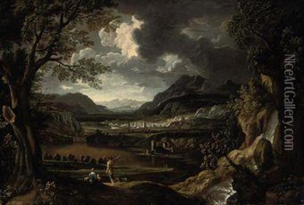 An Italianate River Landscape With Figures Resting Beside Awaterfall, A Town Beyond Oil Painting - Antonia Tempesta