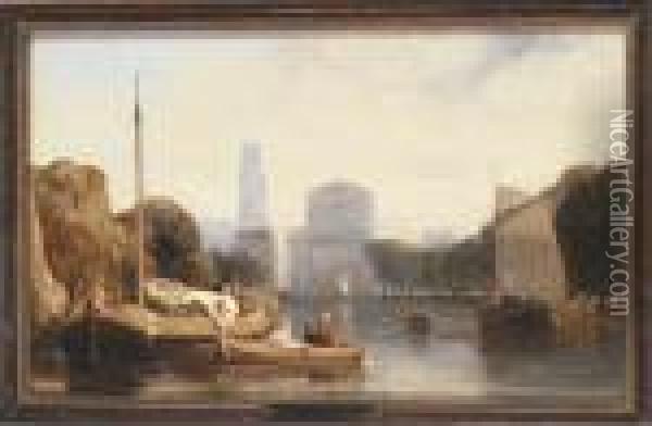Barges On A River, Rotterdam Oil Painting - Salomon Leonardus Verveer