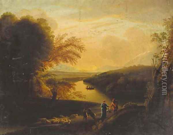 Drovers in a wooded Italianate landscape at sunset Oil Painting - Carlo Labruzzi