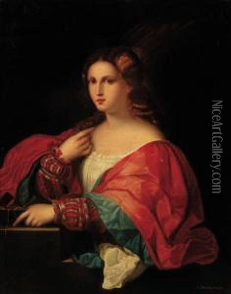 Portrait Of A Lady, Three-quarter-length, In Red And Bluerobes Oil Painting - Tiziano Vecellio (Titian)