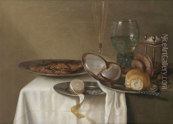 A Still Life With A Half-Peeled Lemon On A Pewter Dish, A Dried Fish With Capers Oil Painting - Maerten Boelema De Stomme