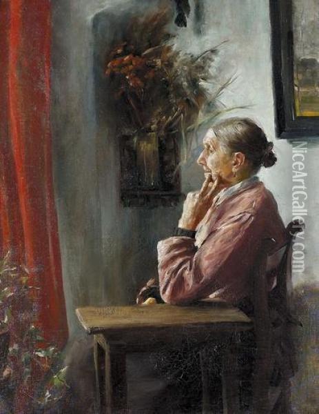 Sitzende Frau Am Fenster. Oil Painting - Hans Dietzi