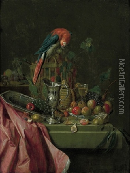 Stillleben Mit Silbernem Prunkgeschirr, Fruchten Und Einem Papagei Oil Painting - Pieter Jacob Horemans