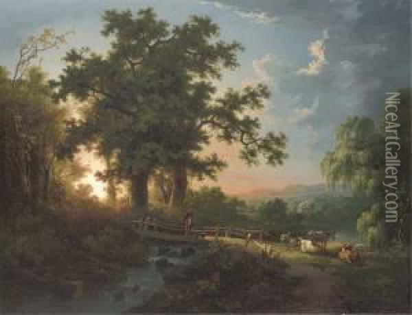 A Wooded River Landscape, With A Faggot Gatherer On A Bridge,cattle And Sheep Oil Painting - Abraham Pether