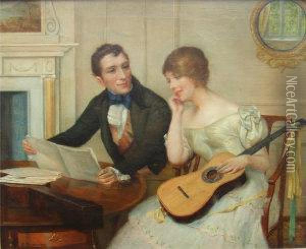 Downing, Oil On Canvas,the Music Lesson, A Young Man And Girl With A Guitar And Musicwithin An Interior, 16ins X 20ins Oil Painting - Delapoer Downing