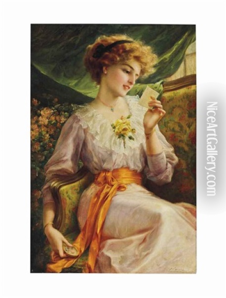 Reading A Love Letter Oil Painting - Emile Vernon