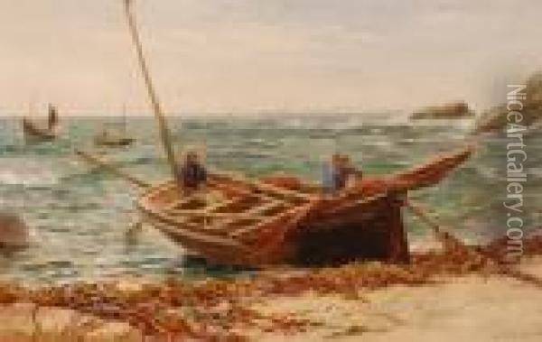 Fishermen In A Beached Fishing Boat Oil Painting - William Henry Borrow