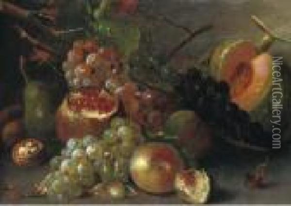 Grapes, A Melon, Cherries, A Walnut, A Pomegranate And Other Fruitson A Wooden Ledge Oil Painting - Abraham Brueghel