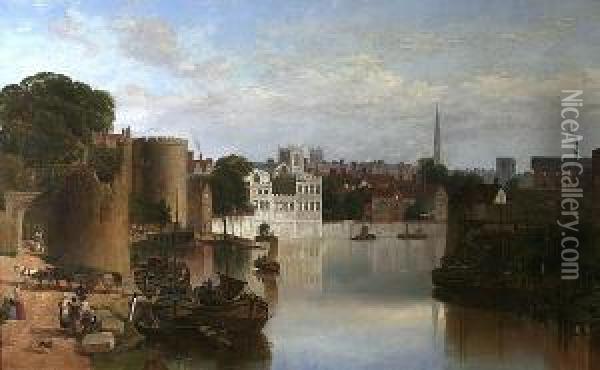 View Of The Ruins Of The Water Tower, The River Frontage Of The Guildhall And The Lantern Tower Of The Church Of St. Helens, From The River Ouse, York Oil Painting - William Richardson
