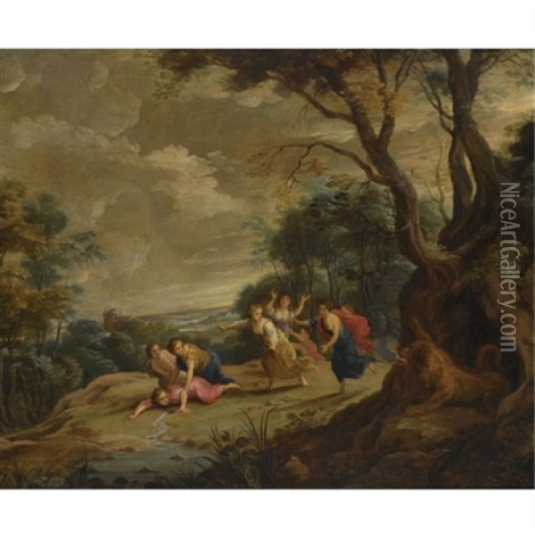 A Wooded Landscape With Maidens Assaulted By A Mythological Beast Oil Painting - Andrea (Andries) Snellinck