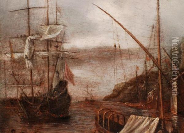 Uferlandschaft Mit Gotischer Kathedrale Und Anliegenden Schiffen
 Ol Auf Holz. Oil Painting - Abraham Storck
