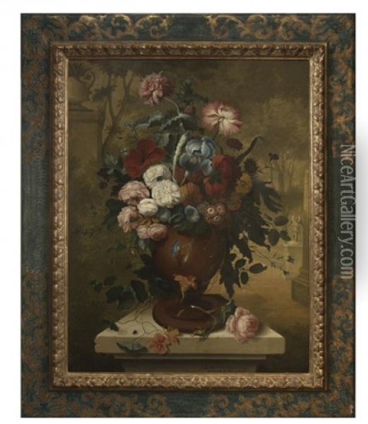 Still Life With Roses, Irises And Other Flowers In An Urn Oil Painting - Thomas Keyse