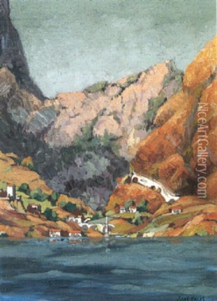 Hillside And Waterside Village Oil Painting - Jules Eugene Pages