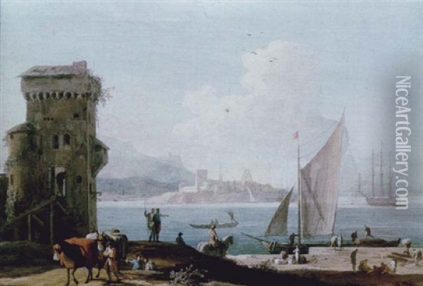 An Extensive View Of A Port With A Tower In The Foreground, A Fort Beyond Oil Painting - Marco Ricci