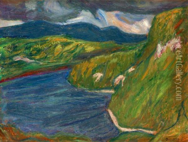 River Landscape With Darkening Skies Oil Painting - Helmer Osslund