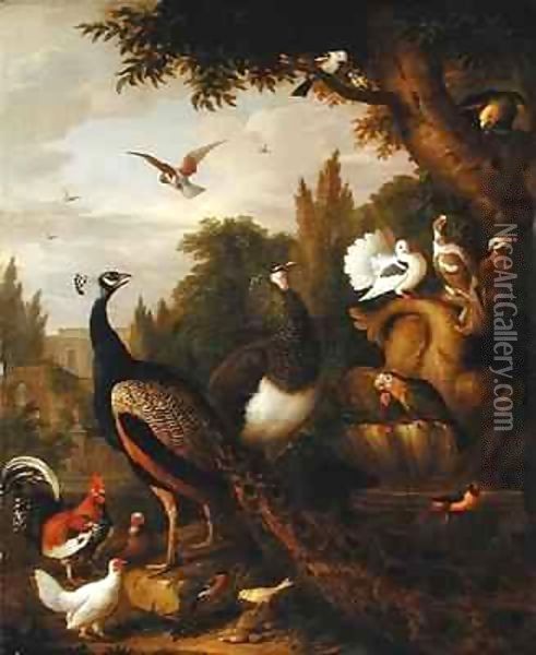 Peacock, peahen, parrots, canary, and other birds in a park Oil Painting - Giovanni Boggi