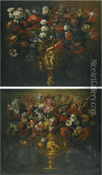 A Pair Of Flower Still Lifes In Sculpted Vases Oil Painting - Gabriel De La Corte