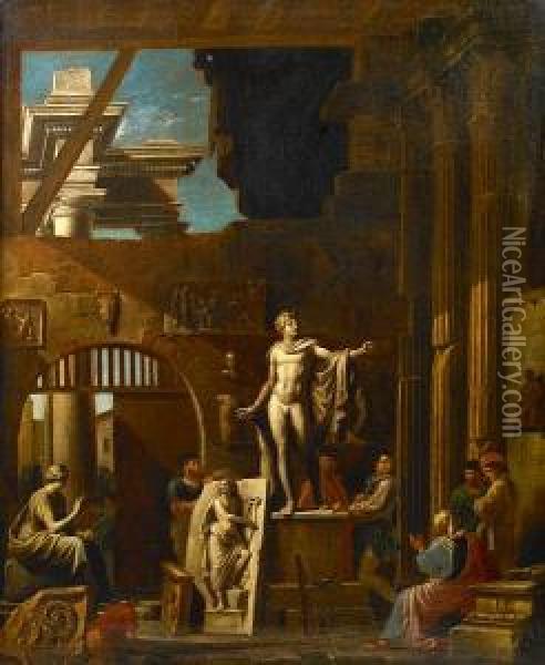 A Sculptor With Patrons Amongst Classicalruins Oil Painting - Alessandro Salucci