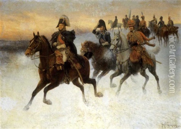 Le Marechal Ney Et Napoleon Et Leurs Troupes Pendant La Campagne De Russie Oil Painting - Jan van Chelminski