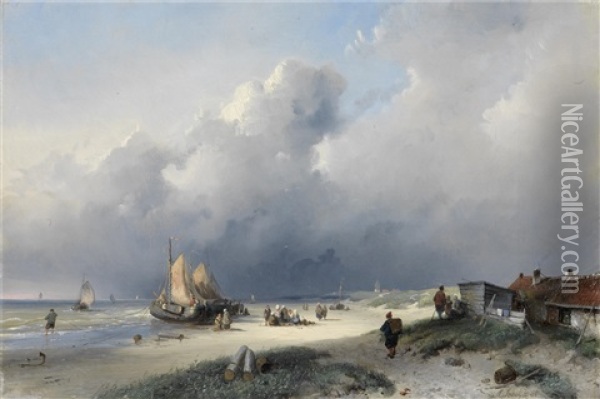 Bringing In The Catch Oil Painting - Andreas Schelfhout