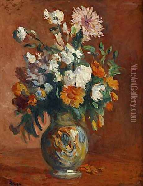 Red Flowers in a Vase Oil Painting - Maximilien Luce