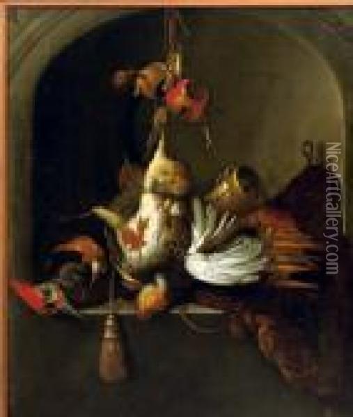 A Partridge And Hawking Equipment In A Stone Niche Oil Painting - Melchior de Hondecoeter