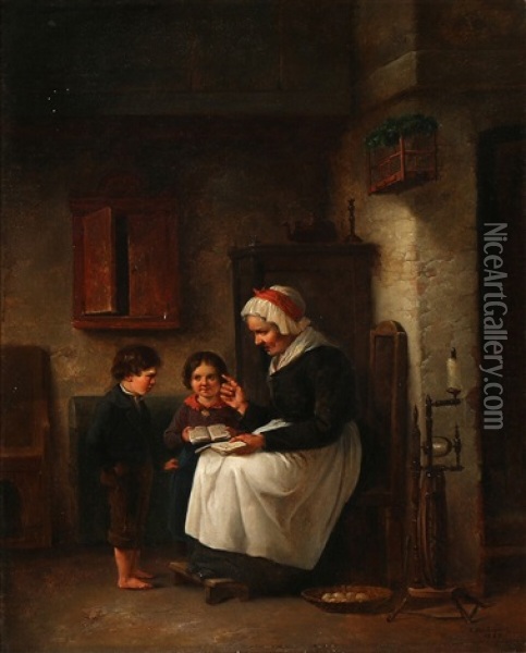 A Grandmother Helps With The Homework Oil Painting - Christian Andreas Schleisner