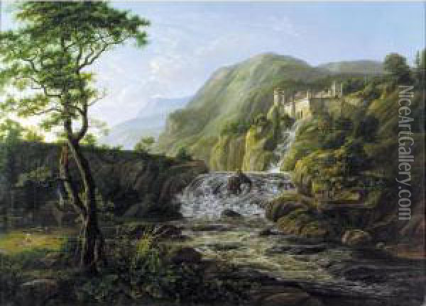 Fjell Landskap Med Slott (mountain Landscape With A Castle) Oil Painting - Johan Christian Clausen Dahl