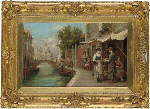 Fruit Sellers On A Venetian Backwater, Santa Maria Della Salutebeyond Oil Painting - Arthur Trevor Haddon