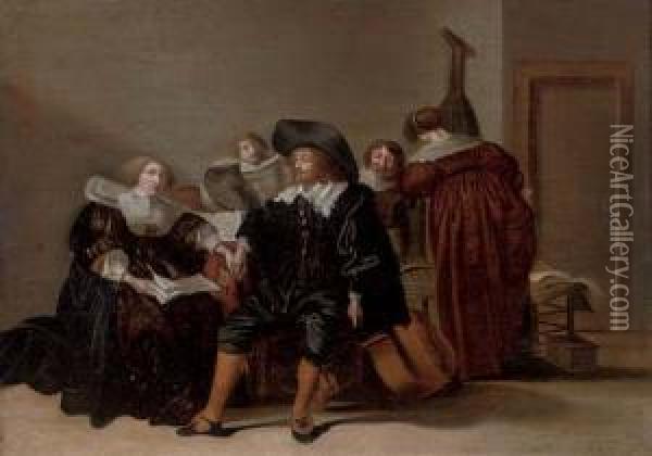 Elegant Company In An Interior Oil Painting - Pieter Codde