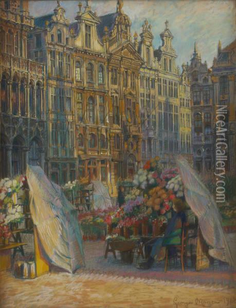 Marche Aux Fleurs A La Grandplace Oil Painting - Georges Brasseur