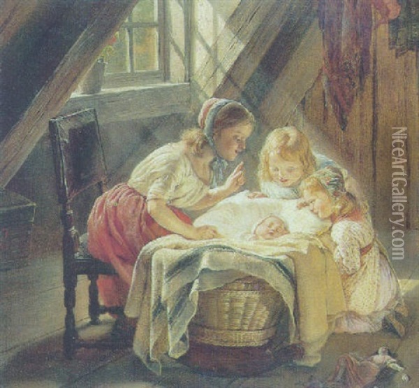 Interior Med Tre Smapiger Omkring En Vugge Med Et Sovende Barn Oil Painting - Elisabeth Anna Maria Jerichau-Baumann
