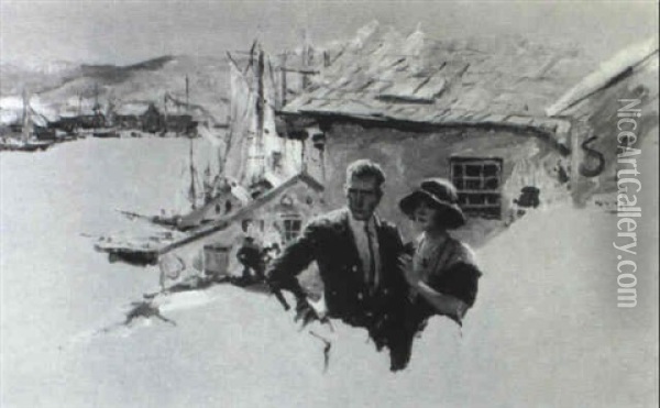 Story Illustration: Couple In Seaside Village Oil Painting - William Henry Dethlef Koerner