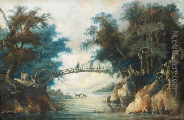 Landscape With A Woman On A Bridge Oil Painting - Louis Belanger