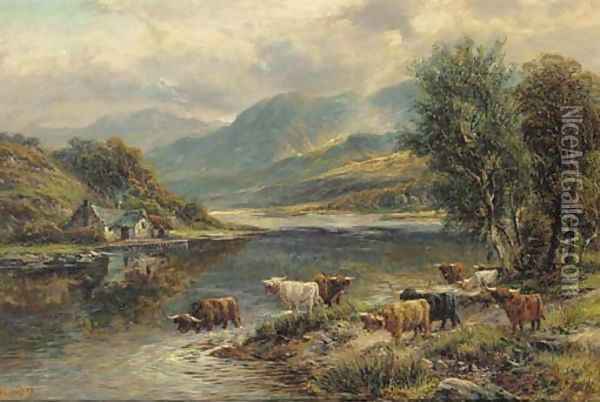 Highland cattle in a mountainous landscape Oil Painting - Walter Langley