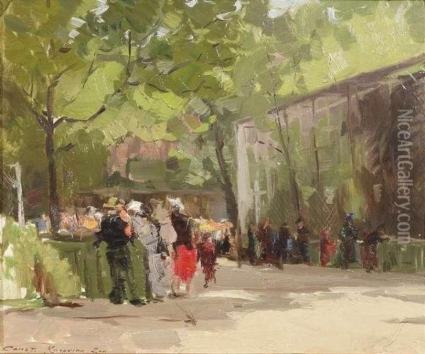 A Summer Day In The Zoo With 
Numerous Visitors At The Vivariums. Oil/cardboard, Signed And Inscribed 
