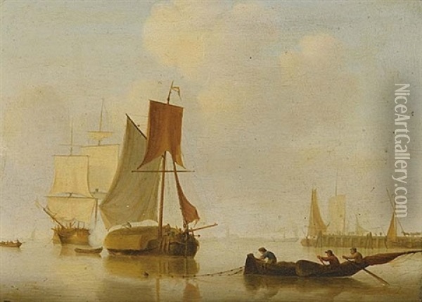 Dutch Shipping And Fishing Boats In A Calm (+ Dutch Shipping With Figures On A Shore; Pair) Oil Painting - Jan Van De Cappelle