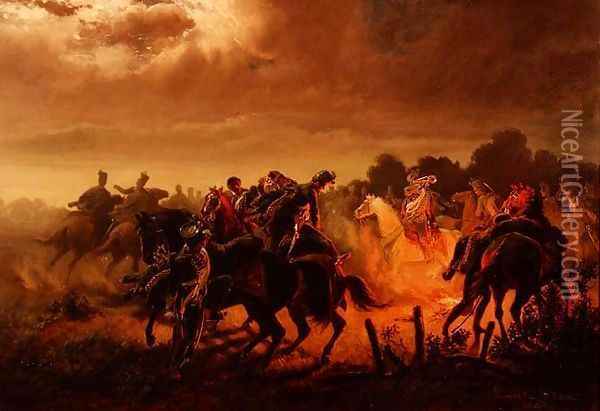Night Alert Hussar outpost in the Italian Campaign 1848-49 Oil Painting - Wilhelm Emele