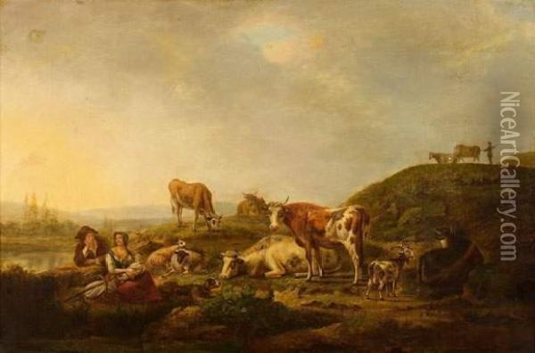 Le Repos Des Bergers Et De Leur Troupeau Dans Un Paysage De Riviere Oil Painting - Hendrik van Anthonissen