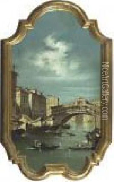 Ein Paar Venezianische Veduten: Dogana / Ponte Rialto. Oil Painting - Francesco Guardi