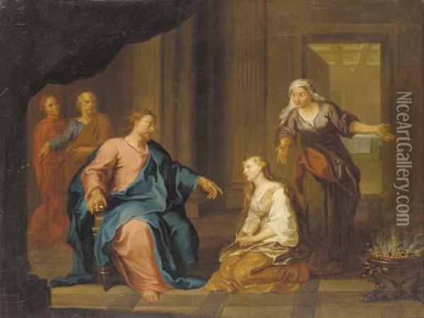 Chirst In The House Of Martha And Mary Oil Painting - Gerard de Lairesse