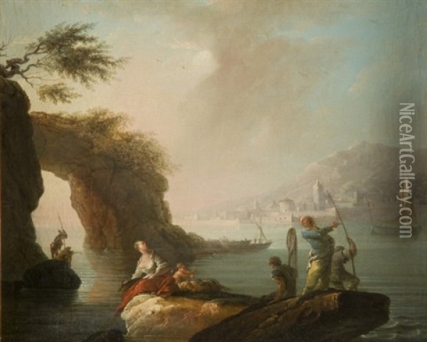 Pecheurs Sur Une Cote Rocheuse Devant Un Rivage Mediterraneen Oil Painting - Pierre-Joseph Wallaert