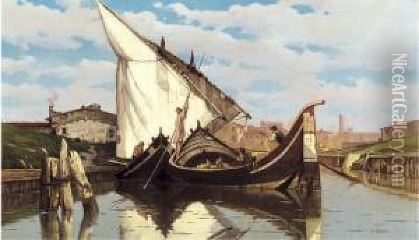 Canale Di Livorno Oil Painting - Ugo Manaresi
