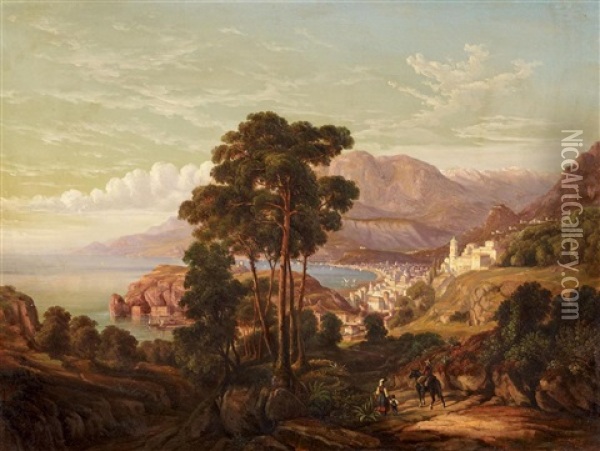 Bucht Von Palermo (?) (+ Partie Am Comer See Mit Hafenanlage; 2 Works) Oil Painting - Henry Jackel